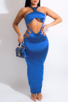Blue Fashion Sexy Solid Hollowed Out Backless Slit Halter Evening Dress