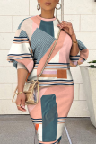 Colour Casual Print Split Joint O Neck Pencil Skirt Dresses