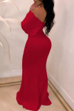 Red Sexy Elegant Solid Patchwork Asymmetrical Off the Shoulder Trumpet Mermaid Dresses