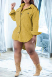 Yellow Fashion Casual Solid Asymmetrical Turndown Collar Long Sleeve Plus Size Dresses
