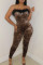 Brown Fashion Sexy Print Leopard Split Joint Backless Strapless Skinny Jumpsuits