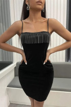 Black Fashion Sexy Solid Lace Split Joint Backless Spaghetti Strap Sleeveless Dress