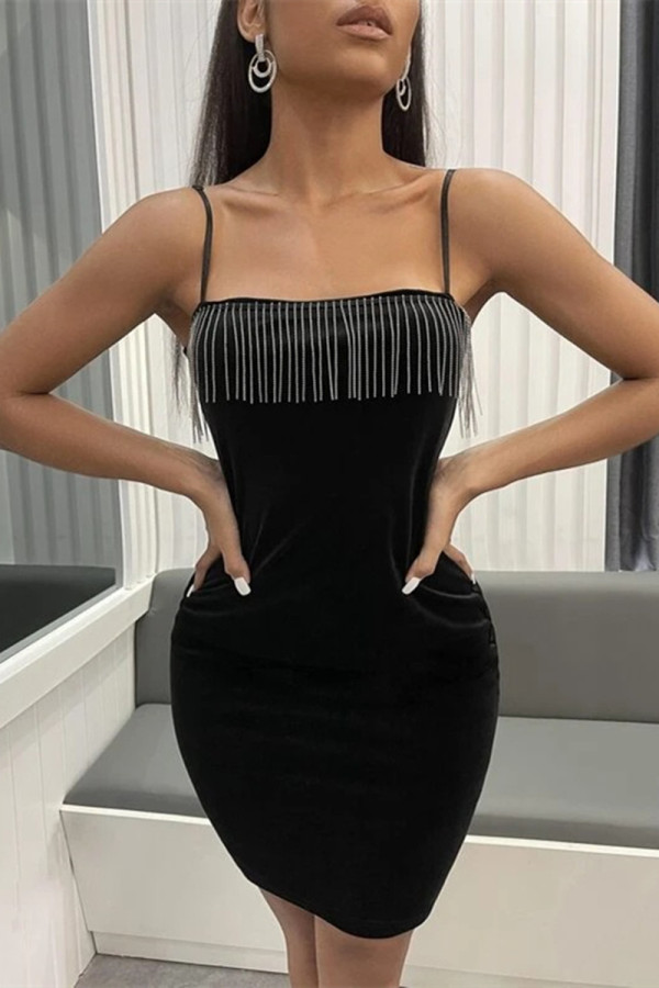 Black Fashion Sexy Solid Lace Patchwork Backless Spaghetti Strap Sleeveless Dress