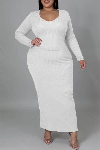 White Fashion Casual Solid Bandage Hollowed Out O Neck Long Sleeve Plus Size Dresses
