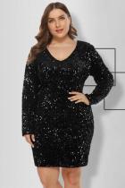Black Blends adult Fashion Sexy V Neck Sequin Patchwork Embroidery Solid Stitching Plus Size Dress