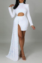White Sexy Elegant Solid Patchwork Asymmetrical Sequins O Neck Irregular Dress Dresses
