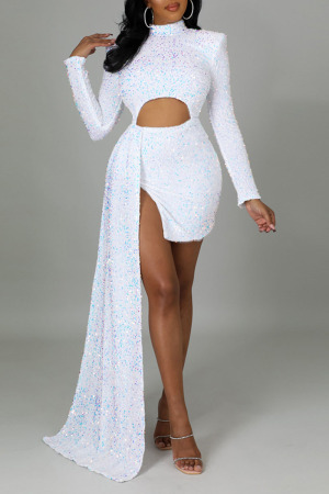 White Sexy Elegant Solid Split Joint Asymmetrical Sequins O Neck Irregular Dress Dresses