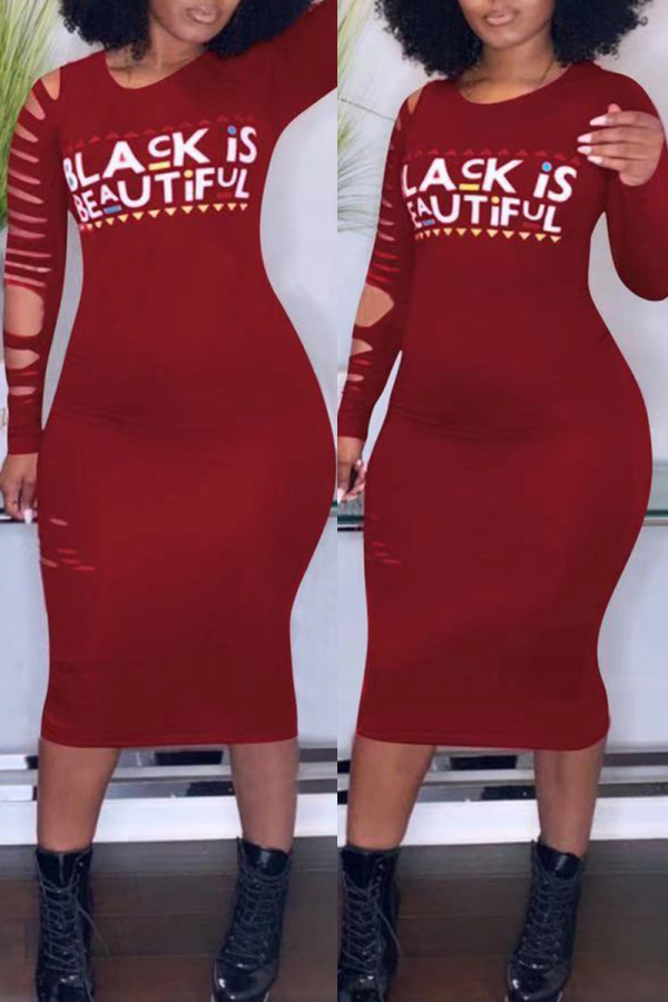 Burgundy Fashion Casual Letter Print Ripped O Neck Long Sleeve Dresses