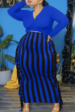 Black Fashion Casual Striped Print Tassel Patchwork V Neck One Step Skirt Plus Size Two Pieces