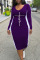 Purple Casual Print Split Joint O Neck One Step Skirt Plus Size Dresses