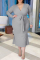 Grey Fashion Casual Solid With Belt V Neck Long Sleeve Plus Size Dresses