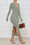 Army Green Sexy Solid Patchwork Frenulum Backless Slit V Neck One Step Skirt Dresses