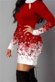 Red Fashion Casual Print Hollowed Out O Neck Long Sleeve Dresses
