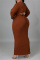 Brown Fashion Casual Solid Bandage Hollowed Out O Neck Long Sleeve Plus Size Dresses