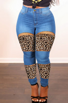 Medium Blue Street Print Leopard Hollowed Out Split Joint High Waist Regular Denim Jeans