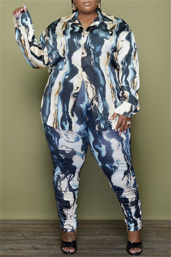 Blue Fashion Casual Print Basic Turndown Collar Plus Size Two Pieces