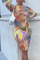 Multicolor Sexy Print Hollowed Out Split Joint O Neck Pencil Skirt Dresses
