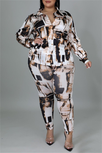 Apricot Fashion Casual Print Basic Turndown Collar Plus Size Two Pieces