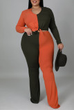 Orange Fashion Casual Patchwork Slit V Neck Plus Size Two Pieces