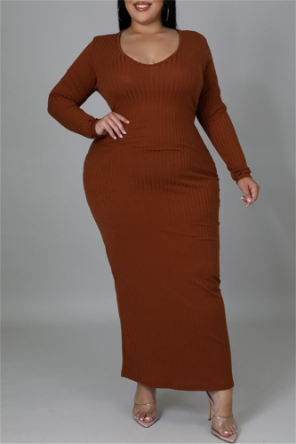 Brown Fashion Casual Solid Bandage Hollowed Out O Neck Long Sleeve Plus Size Dresses