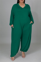 Green Fashion Casual Solid Basic V Neck Plus Size Jumpsuits (Without Belt)