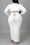White Fashion Casual Solid Bandage Hollowed Out O Neck Long Sleeve Plus Size Dresses