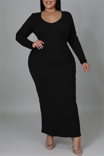 Black Fashion Casual Solid Bandage Hollowed Out O Neck Long Sleeve Plus Size Dresses