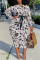 Brown Fashion Casual Print Basic O Neck Long Sleeve Plus Size Dresses (Without Belt )
