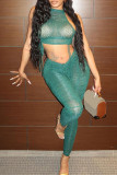 Green Fashion Sexy Patchwork See-through Vests Pants O Neck Sleeveless Two Pieces