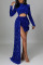 Blue Sexy Elegant Solid Split Joint Asymmetrical Sequins O Neck Irregular Dress Dresses