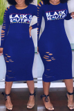 Blue Fashion Casual Letter Print Ripped O Neck Long Sleeve Dresses