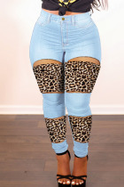 Light Blue Street Print Leopard Hollowed Out Split Joint High Waist Regular Denim Jeans