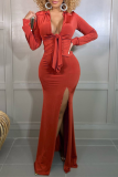 Red Sexy Solid Patchwork V Neck Long Sleeve Two Pieces