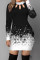 Black Fashion Casual Print Hollowed Out O Neck Long Sleeve Dresses
