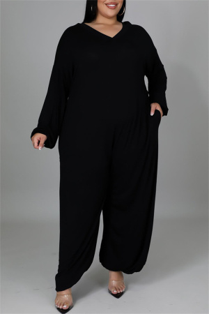 Black Fashion Casual Solid Basic V Neck Plus Size Jumpsuits (Without Belt)