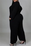 Black Fashion Casual Solid Basic V Neck Plus Size Jumpsuits (Without Belt)