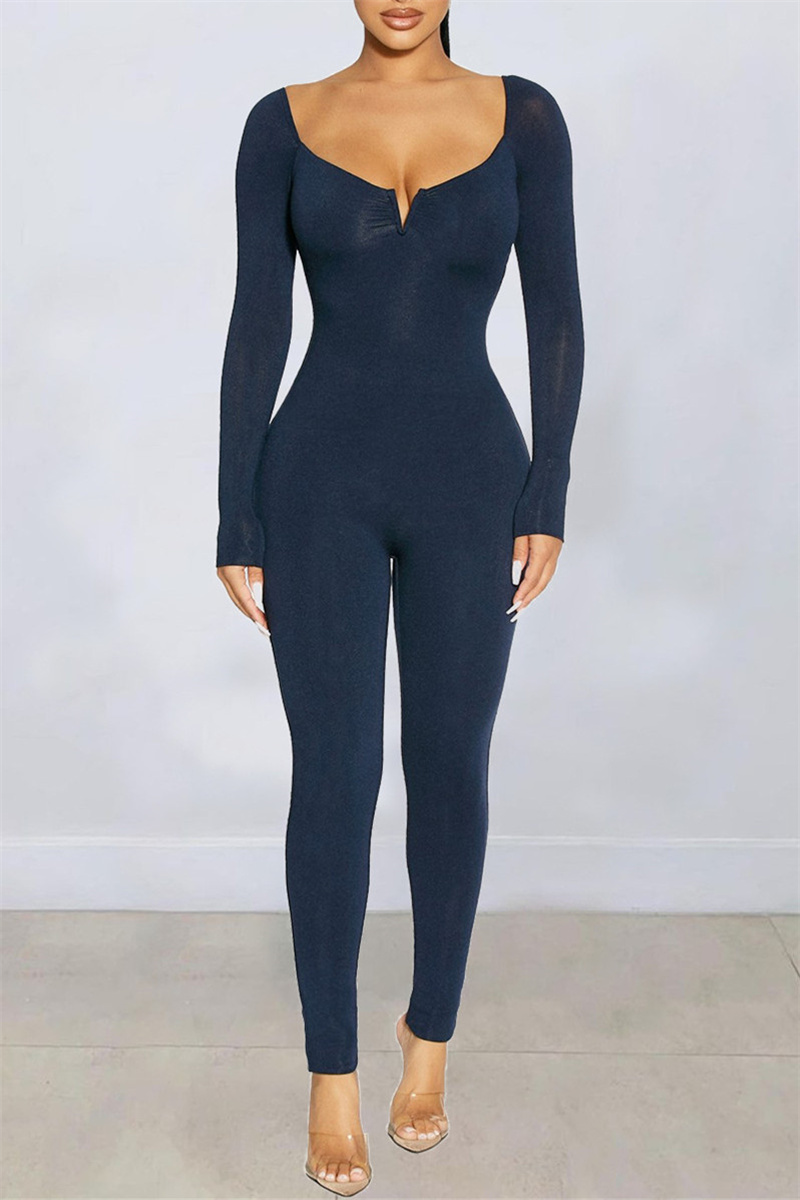 

Navy Fashion Casual Solid Basic V Neck Skinny Jumpsuits