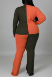 Orange Fashion Casual Patchwork Slit V Neck Plus Size Two Pieces
