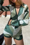 Green Fashion Casual Print Basic V Neck Long Sleeve Skinny Romper