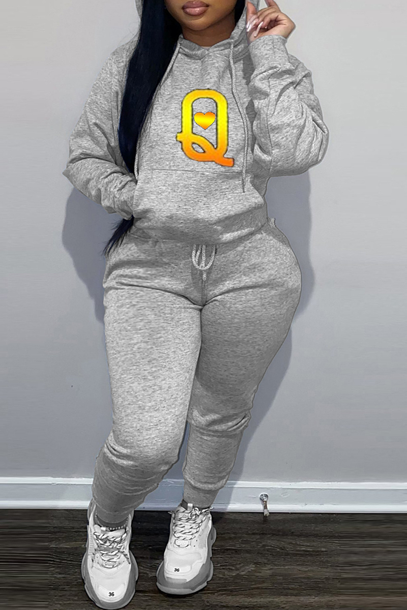 

Grey Fashion Casual Letter Print Basic Hooded Collar Plus Size Two Pieces