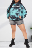 Blue Fashion Casual Print Tie Dye Basic Hooded Collar Plus Size Tops