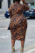 Brown Fashion Casual Print Basic O Neck Long Sleeve Plus Size Dresses (Without Belt )