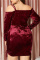 Burgundy Fashion Sexy Solid Bandage Draw String Off the Shoulder Long Sleeve Plus Size Dresses