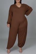 Brown Fashion Casual Solid Basic V Neck Plus Size Jumpsuits (Without Belt)