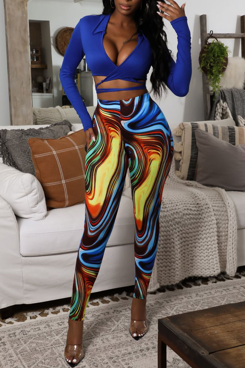 

Blue Sexy Print Patchwork Frenulum V Neck Long Sleeve Two Pieces