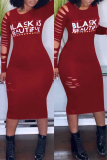 Burgundy Fashion Casual Letter Print Ripped O Neck Long Sleeve Dresses