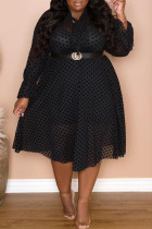 Black Fashion Sexy Dot See-through Long Sleeve Dress Plus Size Two Pieces (Without Belt)