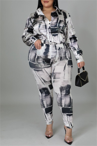 Black Fashion Casual Print Basic Turndown Collar Plus Size Two Pieces