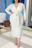 White Fashion Casual Solid With Belt V Neck Long Sleeve Plus Size Dresses