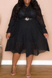 Black Fashion Sexy Dot See-through Long Sleeve Dress Plus Size Two Pieces (Without Belt)